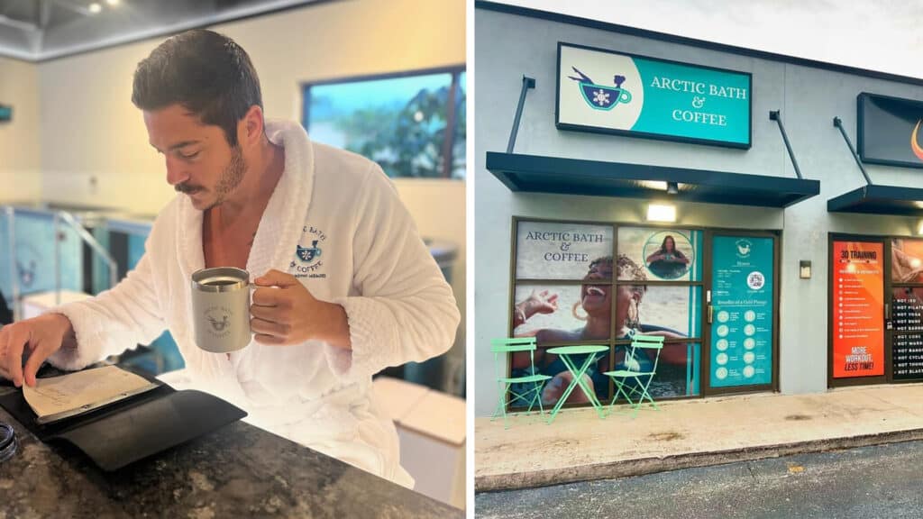 a man in a robe sips a coffee next to the exterior of a building with a blue sign over the front door. 