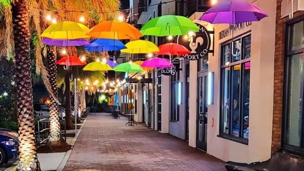 vibrant umbrellas arranged down a city bloc