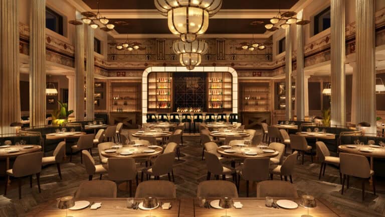 interior of a dining area with lights above