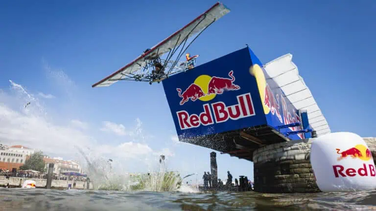 Participants perform during the Red Bull Flugtag 2024 in Lisbon, Portugal on September 7, 2024.