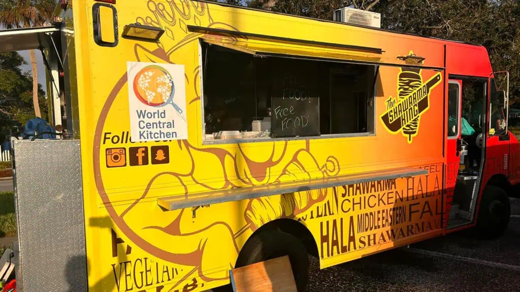 exterior of a red and yellow food truck 