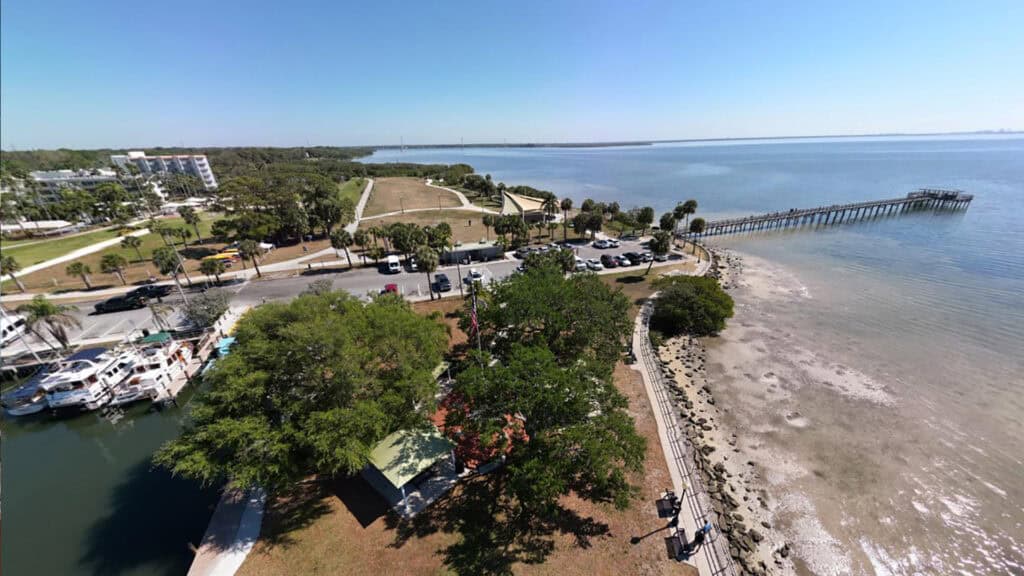 aerial view of a waterfront park