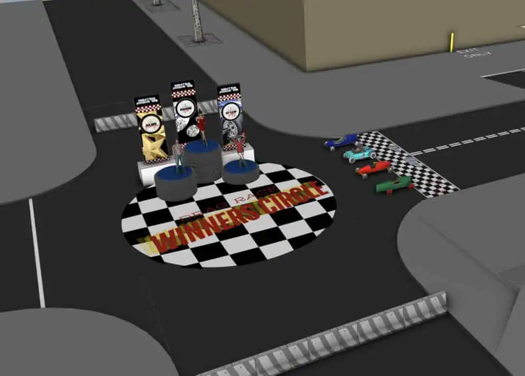 Artist rendering of the "drag race" on central with box cars and 3 winner's circles