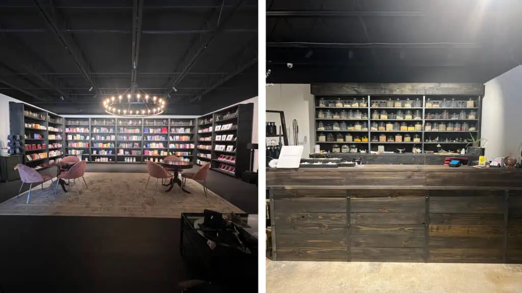 Shelves loaded with jars of herbs and a library with tables