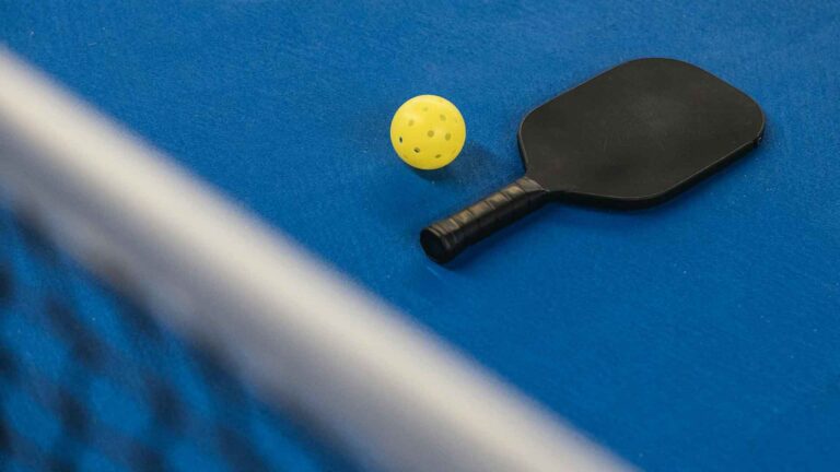 pickleball racket and ball on blue court by the net