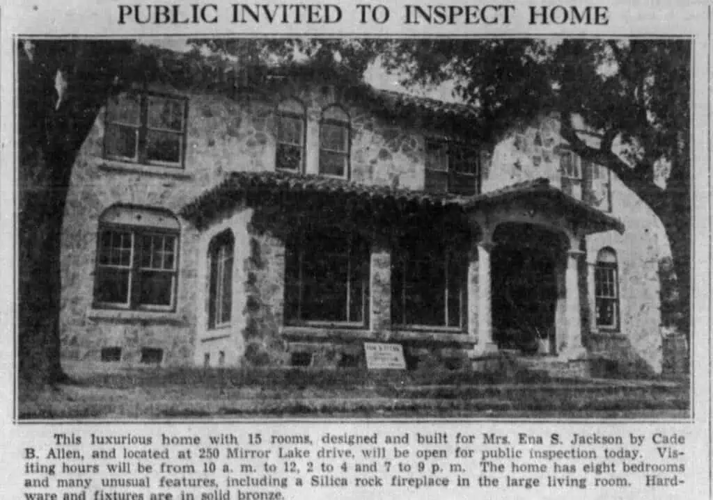 Black and white newspaper clipping of a stone house at 250 Mirror Lake Drive.