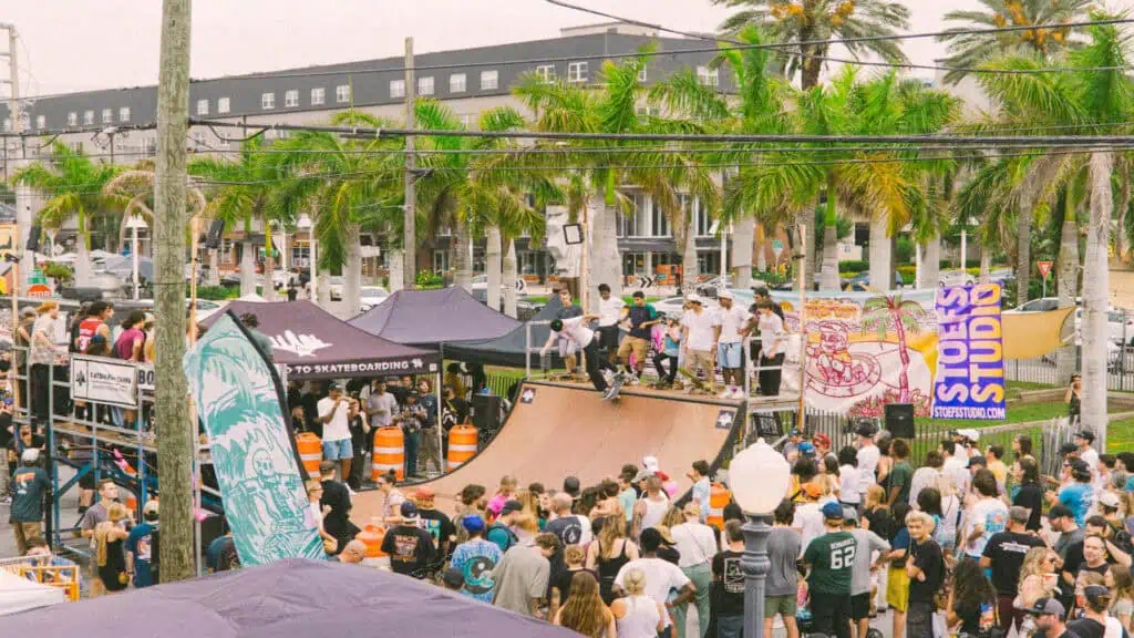 Skateboarders around a ramp.