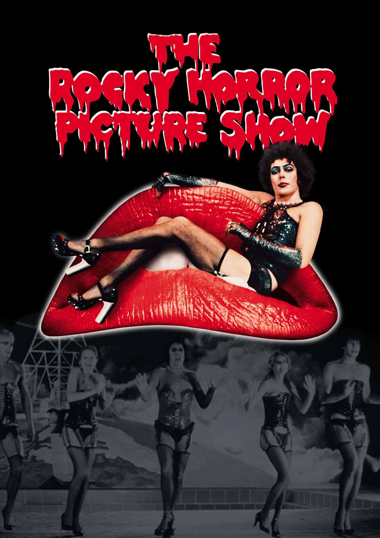 The poster for The Rocky Horror Picture Show featuring a character in fishnet stockings and high heels lounging on red lips, with the title in dripping red letters above.