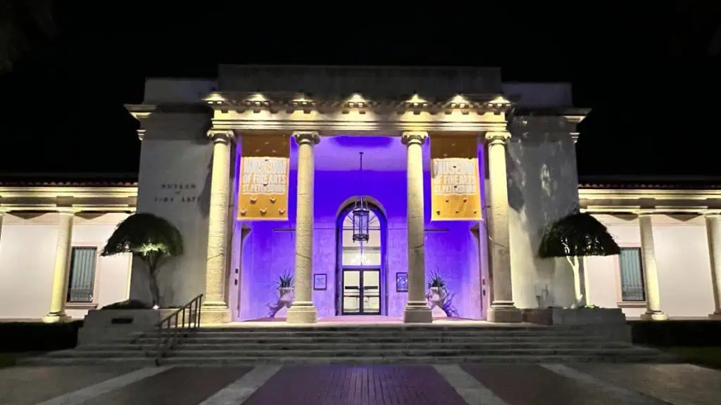 The entrance of the Museum of Fine Arts in St. Petersburg is lit up at night with purple lighting and banners hanging between the columns.