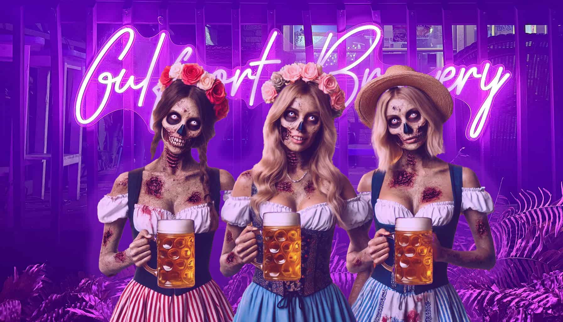 Three women dressed as zombies in Oktoberfest outfits hold beer mugs in front of a neon "Gulfport Brewery" sign.