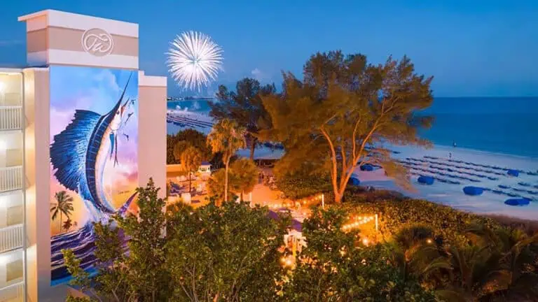 aerial view of a beach resort after sunset