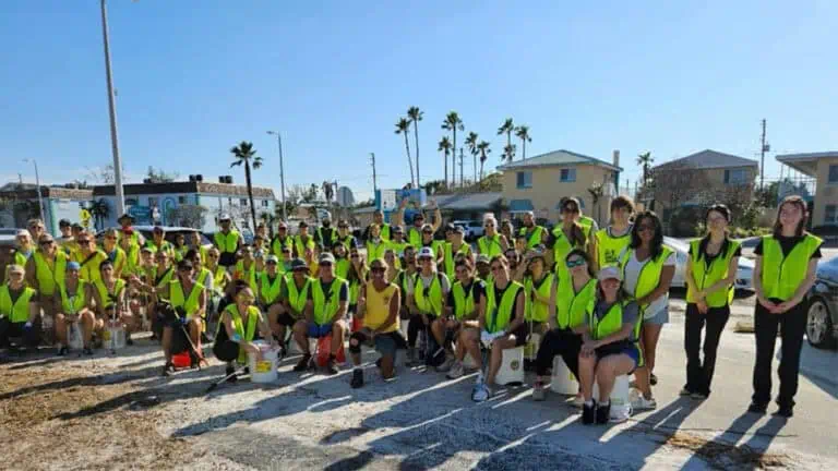 volunteers in green jackets on the beach