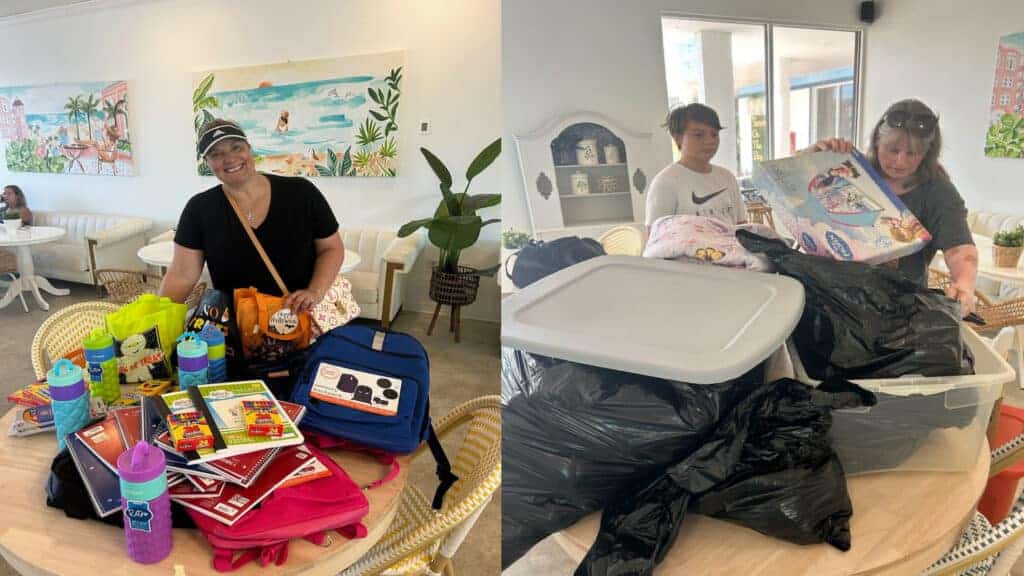 Two images show people organizing items, with one woman smiling beside a table full of school supplies on the left and two people sorting through bags and containers on the right.