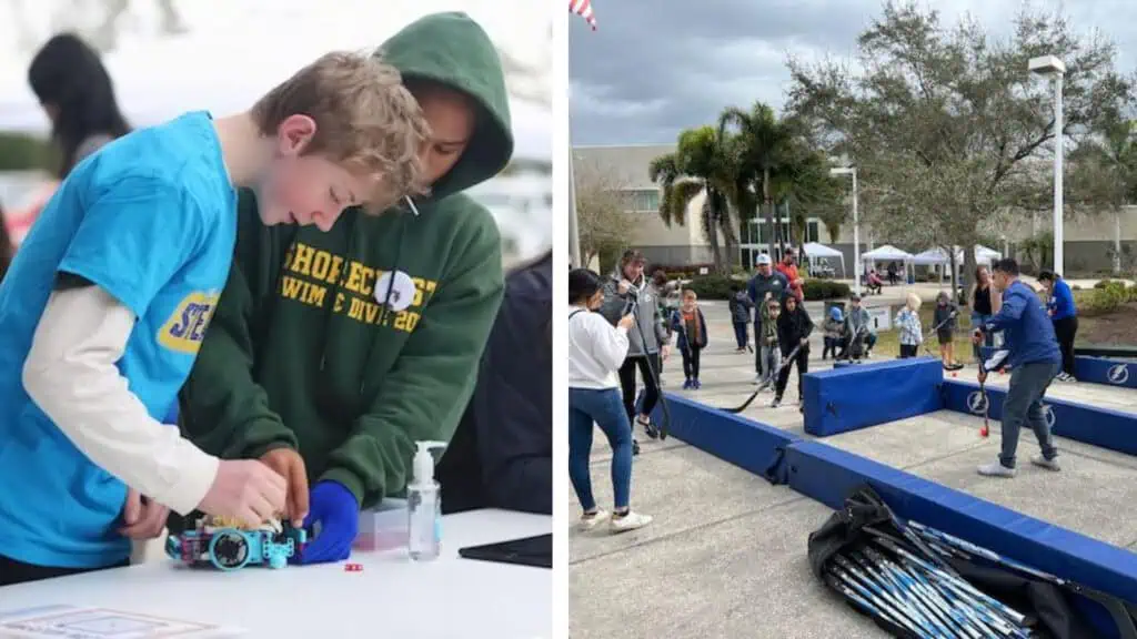 Two boys work on a small robot at a table, while a separate outdoor scene shows people playing a hockey game with sticks and pucks at an event.