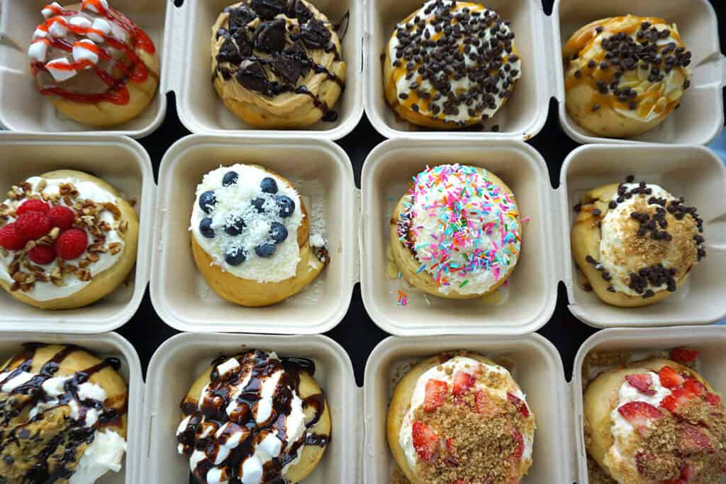 aerial view of an array of cinnamon rolls