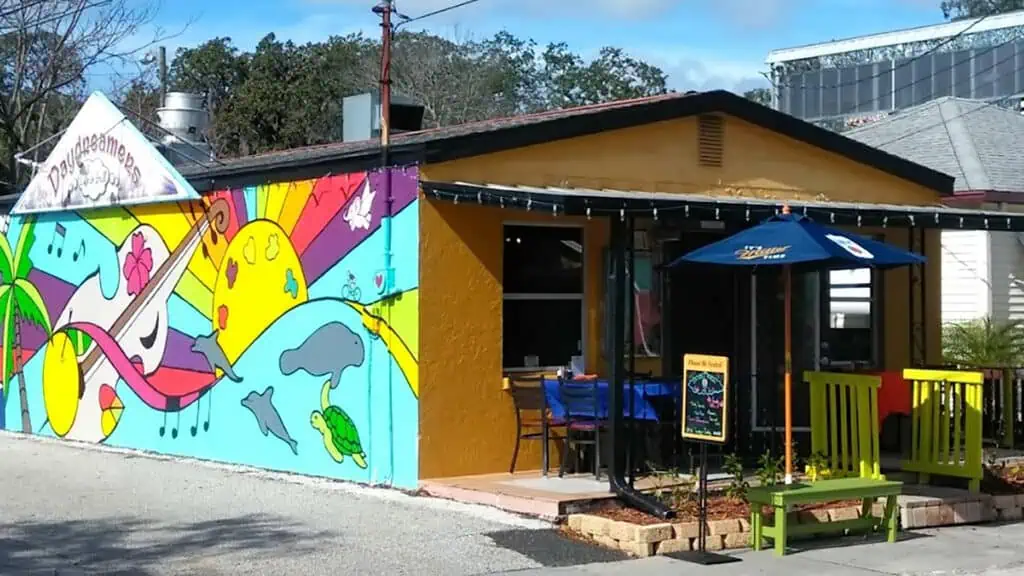 exterior of a restaurant covered in murals