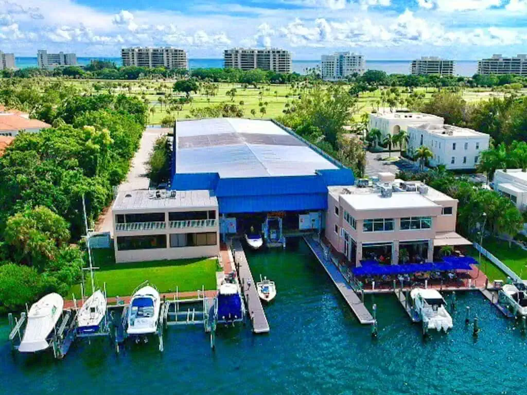 aerial view of a dock and restaurant