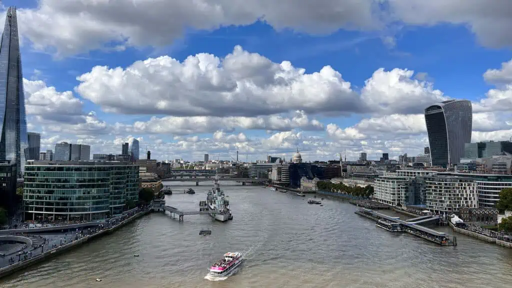 View of buildings and the Thames River from Tower Bridge