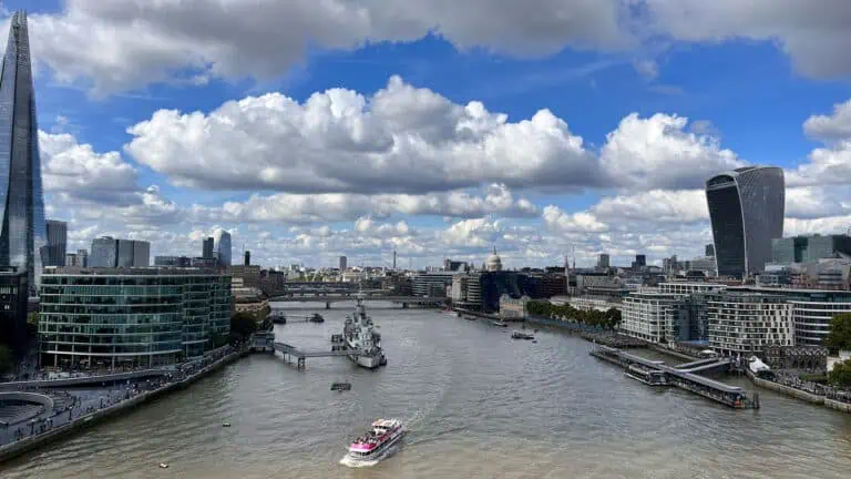 View of buildings and the Thames River from Tower Bridge