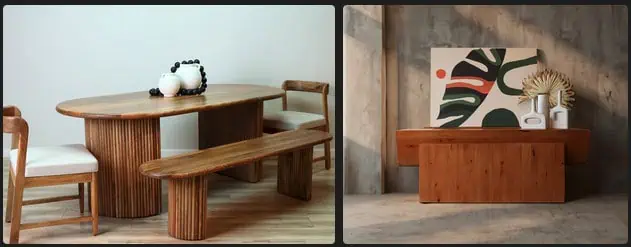 A modern wooden dining set featuring an oval table with benches and chairs alongside a minimal wooden sideboard styled with decorative vases and art.