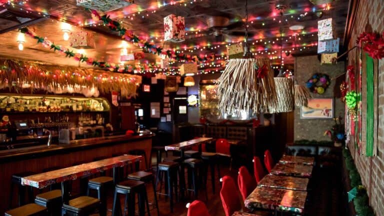 interior of a holiday themed tiki bar