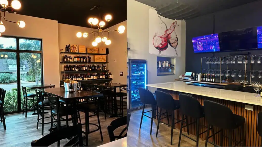 interior with tables, bar, chairs, and wine bottle