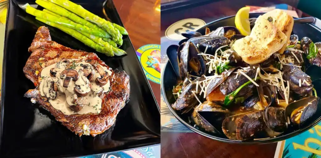 a steak on. a plate and mussels on a plate. 