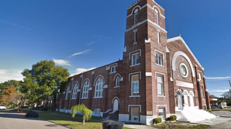 brick church on street corner.