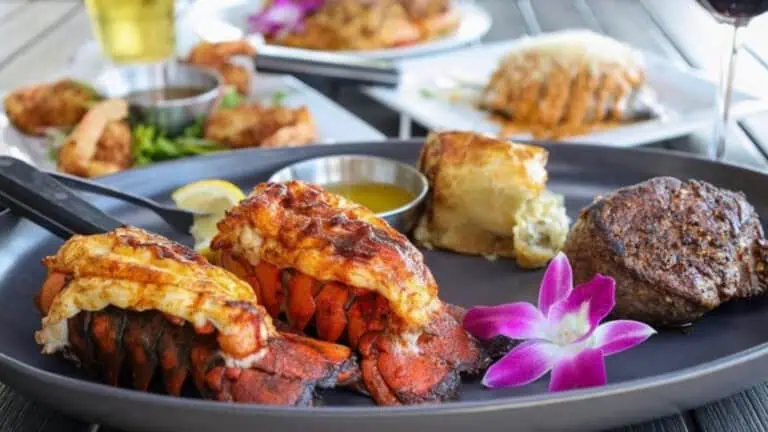 A plate of seafood and steak