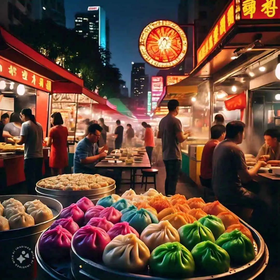 A night market scene features colorful dumplings in the foreground, food vendors cooking, and diners enjoying meals under bright neon lights.