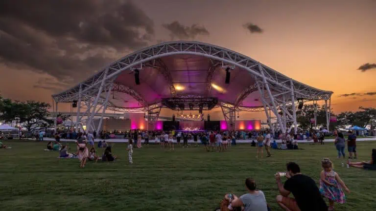 outside a concert venue at sunset