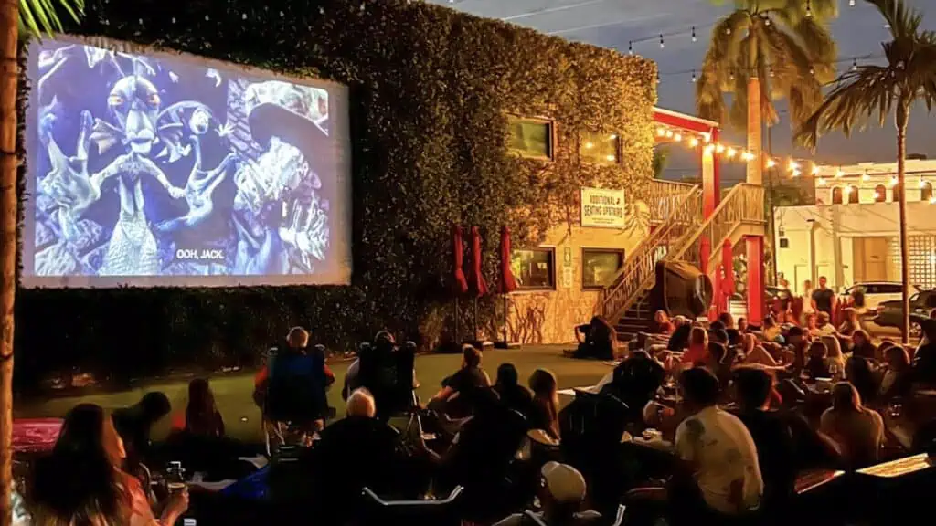 people watching a movie in a beer garden under the stars