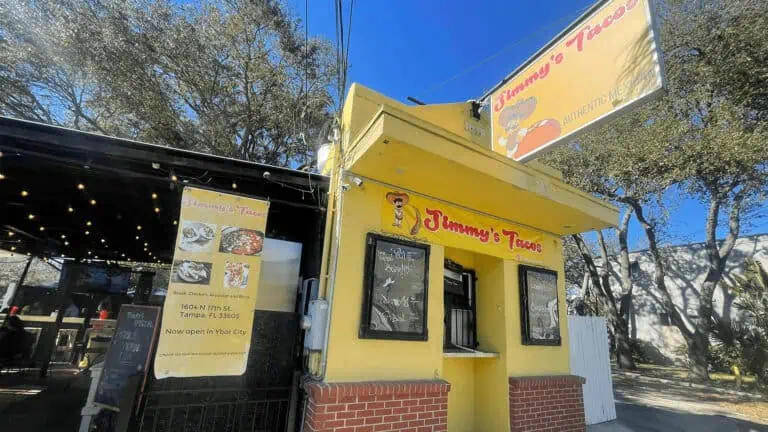 exterior of a taco shop with yellow paint