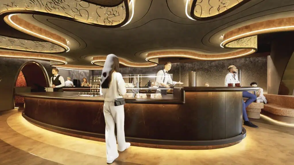 rendering of a long wrap around coffee bar