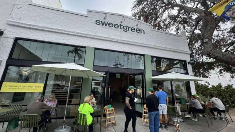 exterior of a restaurant with "Sweet Green" written above the front entrance