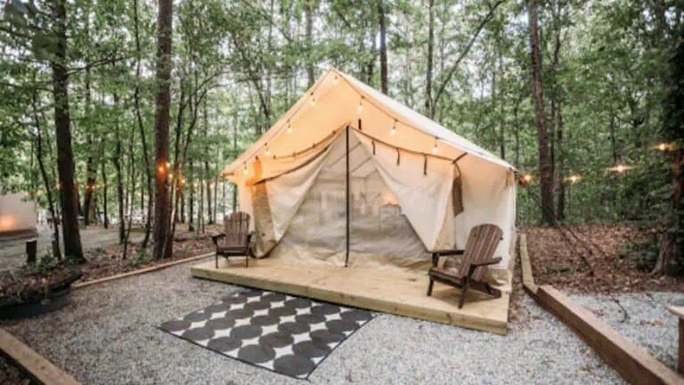 a safari-style tent in a large park. String lights are set on either side of the tent and softly glow