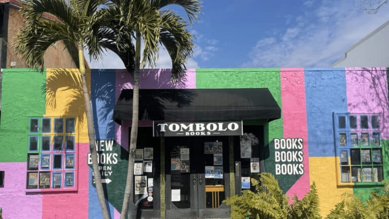 exterior of a bookstore with a colorful mural