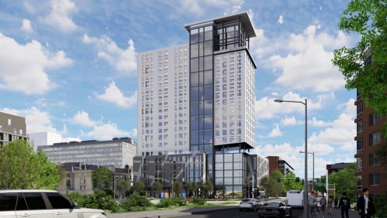 rendering of 21 story building with blue sky and white clouds.