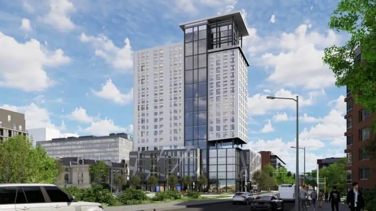 rendering of 21 story building with blue sky and white clouds.