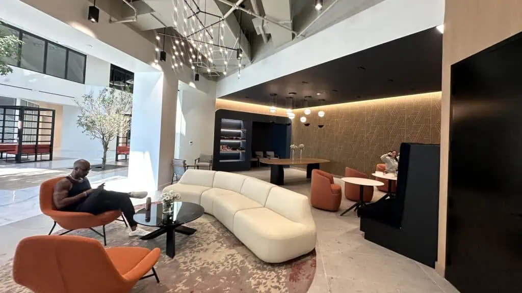 interior of a well lit cafe with cozy couch seating 