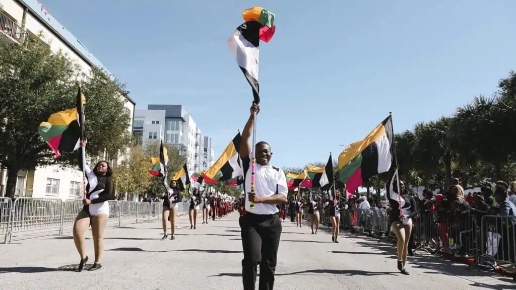 a marching band in a parade 