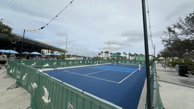 a large blue pickleball court on a pier