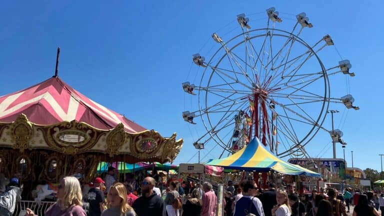 A festival with a big ferris wheel and carousel visible