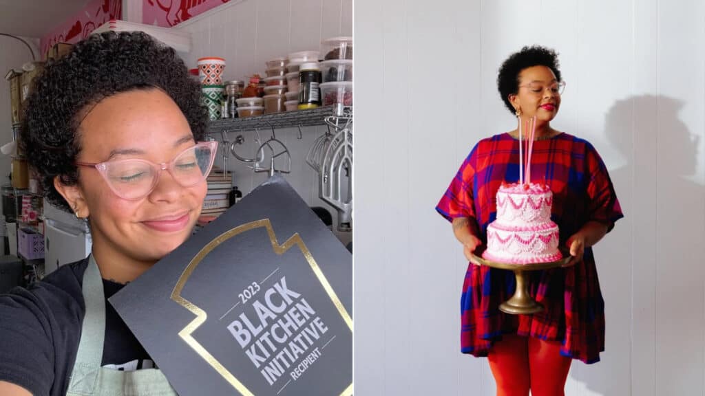 a person holds up an award that is black and gold, and in another photo a bakery wears a red and blue dress while holding a bright pink 3 tier cake