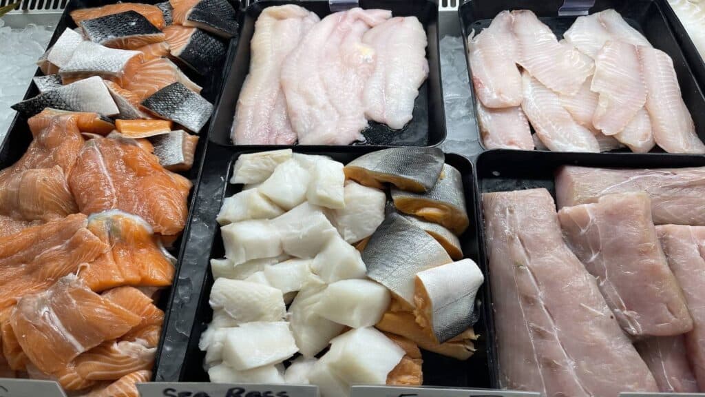 a display of fish fillets