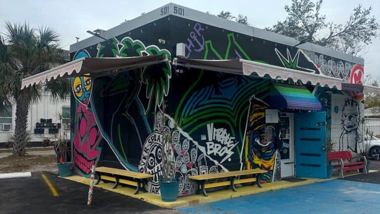 exterior of a small skate shop covered in black, blue and purple murals