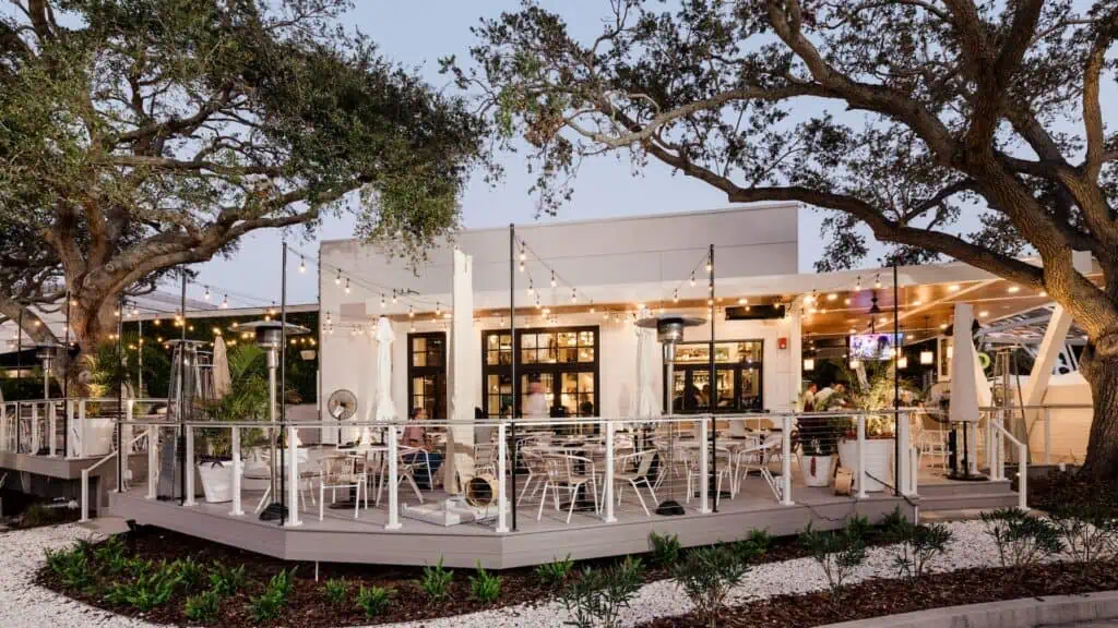 outdoor patio area of a small cafe/restaurant on the pier