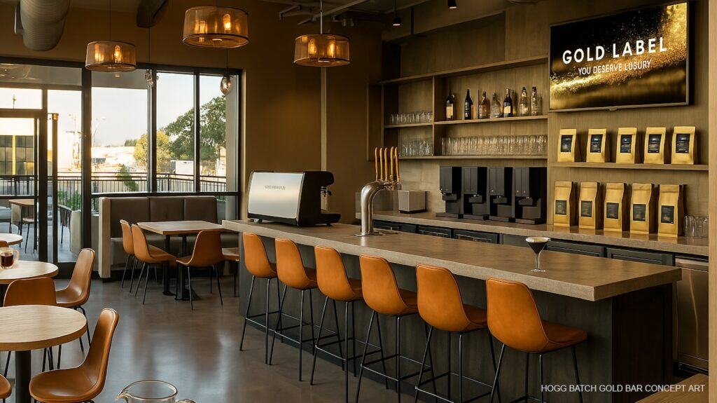 rendering of a small cafe on the second floor of a brewery