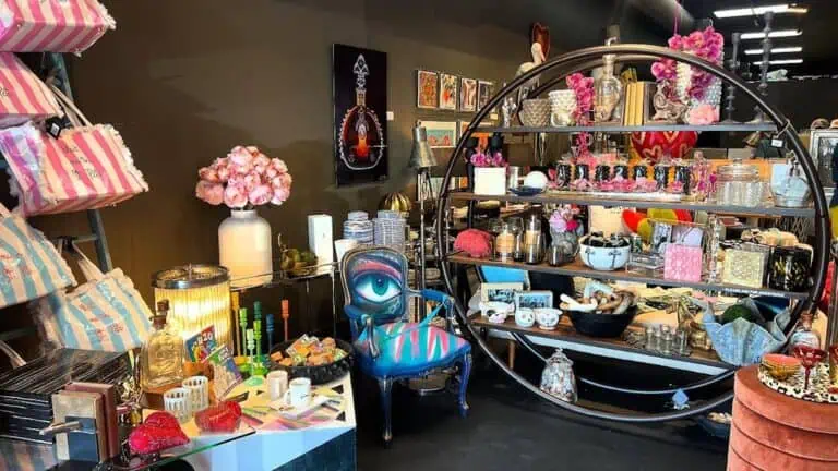 interior of the eclectic decor shop ZaZoo'd. A small chair with an airbrushed eye is visible, in additional to shelf upon shelf of small trinkets, flowers, and paintings.