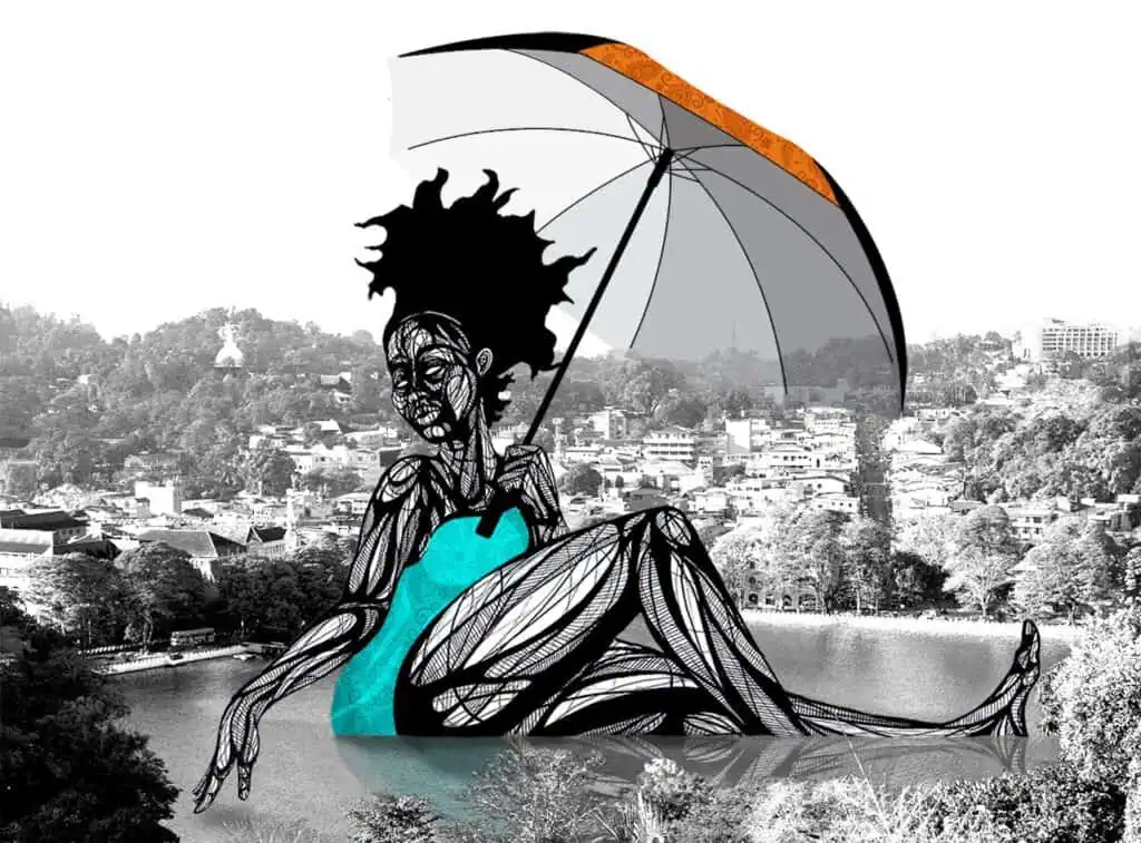 a black and white illustration of a woman who is "larger than life". The character in the illustration wears a blue bathing suit and has an orange umbrella over her head. The rest of the piece is black and white